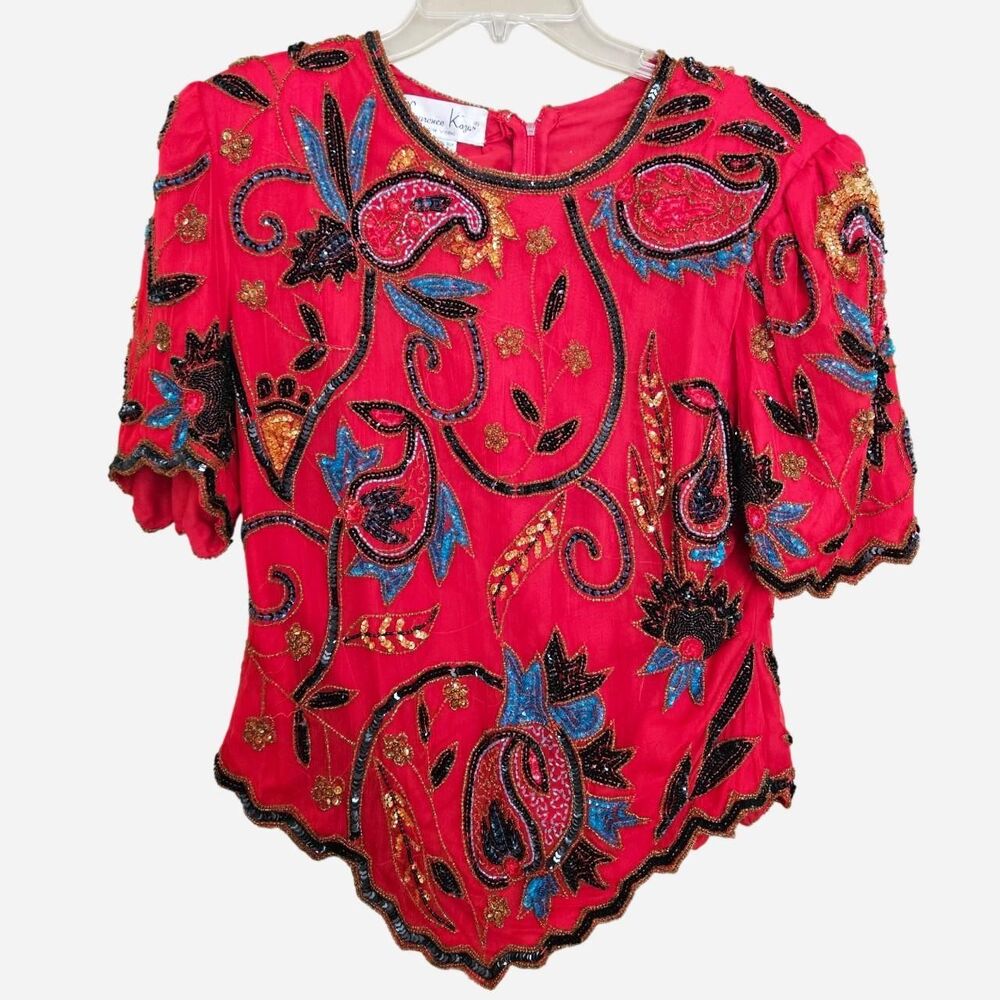 vintage boho sequin silk red blouse